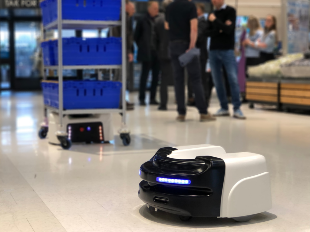 Autonomous Mobile robot in progress in grocery store